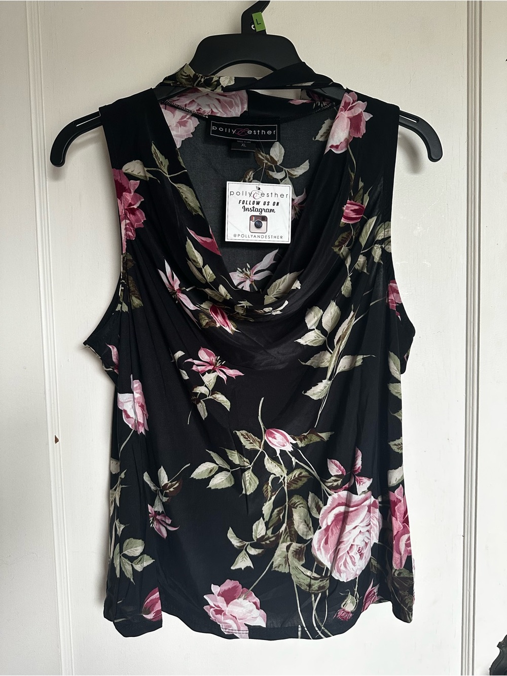Polly & Esther Black Cowl Neck Camisole with Pink Rose Floral Print